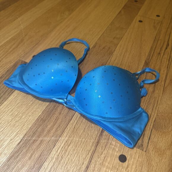 Victoria's Secret 32B Bra Blue Miraculous Plunge Underwire Back Closure Sequin - Picture 3 of 6